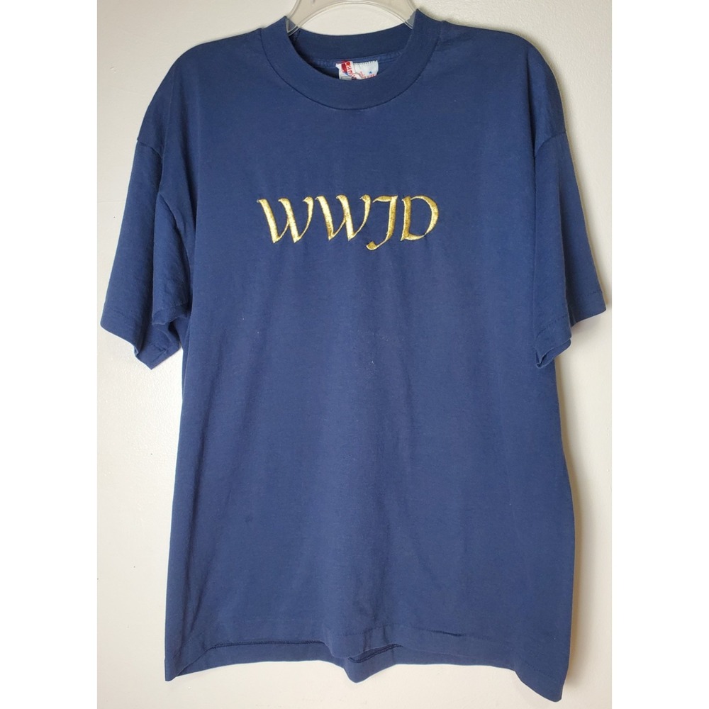 Vintage WWJD Embroidered T-shirt Navy Blue Gold USA Sport Club XL Single Stitch